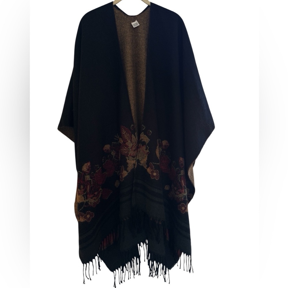 Elegant Black Floral Shawl With Fringe One Size